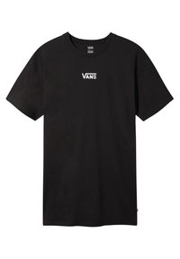 Czarny bawełniany t-shirt z okrągłym dekoltem, krótkimi rękawami oraz białym logo "VANS" nadrukowanym na klatce piersiowej. Gładka tekstura, klasyczny krój.