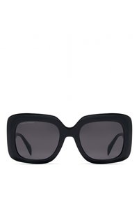 Schwarze Oversized-Sonnenbrille mit rechteckigem Rahmen, dunklen Linsen und glatter Kunststoffoberfläche. Verfügt über klare Linien und keine sichtbaren Beschläge.