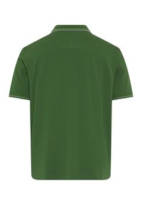 Polo verde con colletto classico, maniche corte e bordo bianco a contrasto lungo il colletto e le maniche. Tessuto liscio e traspirante.