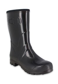 Zwarte rubberen regenlaars met een getextureerde zool, gebogen ontwerp en ronde neus. Beschikt over een zachte, opvouwbare enkelkraag en zijaccenten.