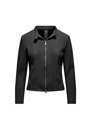 Czarna prążkowana kurtka na suwak z kołnierzem typu stójka i zapinanymi na suwak bocznymi kieszeniami, długimi rękawami oraz oznaczoną marką metką wewnętrzną.