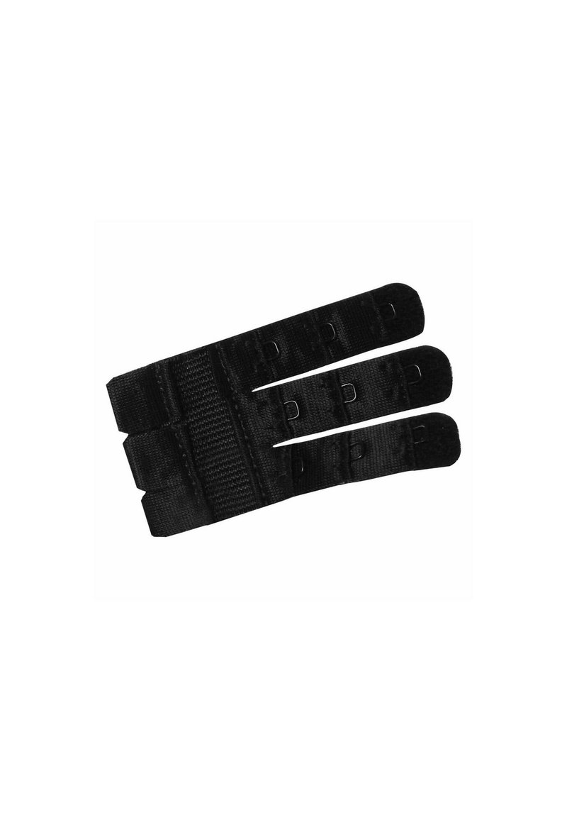 Svart elastiskt band med tre segment, varje med justerbara krokar. Platt textur, lämplig för att säkra eller koppla samman föremål.
