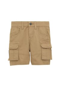 Shorts cargo beiges avec deux poches avant et deux poches latérales, fabriqués en tissu de coton lisse avec des coutures visibles et une fermeture à bouton.