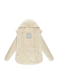 Lätt, krämfärgad jacka med huva, markerad midja och elastiska mudd. Har en etikett på insidan. Mjuk, slät textur.