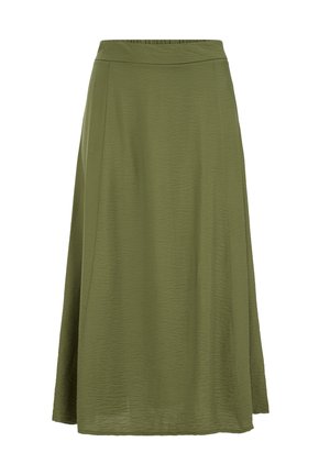 Falda midi verde oliva en línea A con tela texturizada sutil y cinturilla ajustada.