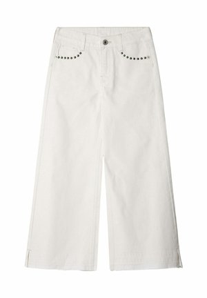 Pantalones vaqueros blancos de pierna ancha con botón delantero, cremallera, trabillas y detalles de tachuelas negras a lo largo de los bolsillos delanteros.