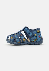 Sinine laste sandaal avatud disainiga, kangas, millel on ehitusmasinate mustrid, Velcro rihm ja kummist tald.