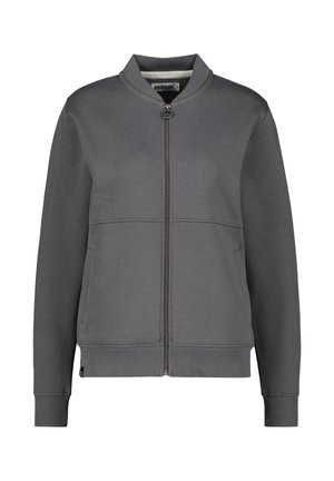 Graue Zip-Jacke mit Stehkragen, aus glattem Material, zwei vorderen Taschen und gerippten Manschetten und Saum.