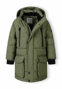 Abrigo acolchado verde con capucha desmontable, que cuenta con bolsillos con cremallera y puños elásticos. Fabricado con material resistente al agua, con un forro interior suave.