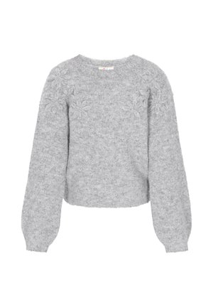 Sivý skrátený sveter vyrobený z mäkkého, nadýchaného materiálu. Má kvetinovú výšivku na rukávoch, široké naberané rukávy a okrúhly výstrih.