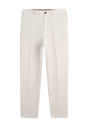 Beige gerade Hose mit Gürtelschlaufen, vorderen Taschen, Knopfverschluss und Reißverschluss.