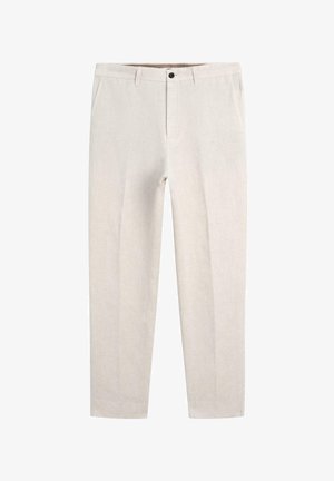 Beige gerade Hose mit Gürtelschlaufen, vorderen Taschen, Knopfverschluss und Reißverschluss.