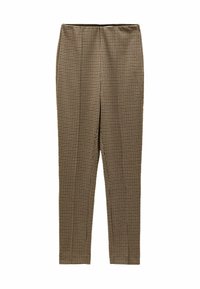 Hnedi melns haizivspuru raksta bikses ar pielāgotu piegriezumu, gludu tekstūru un papildinātas ar vienkrāsainu jostasvietu.