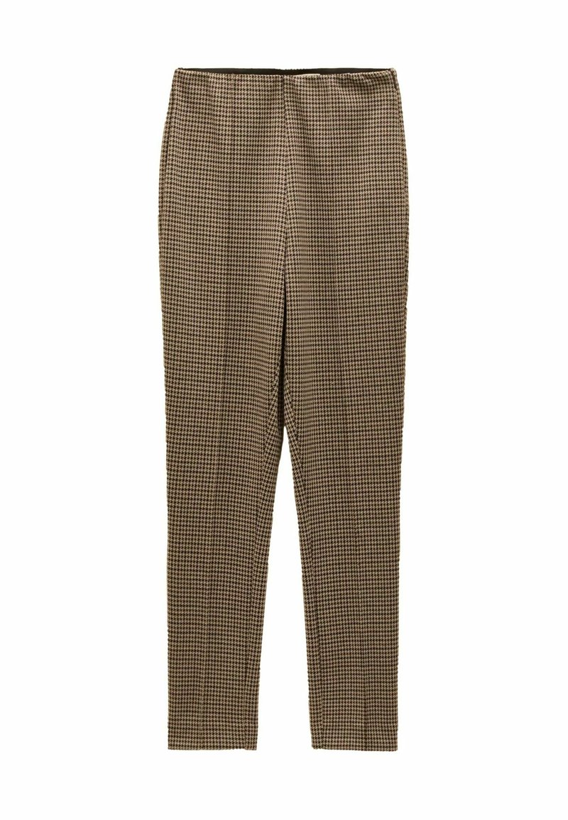 Hnedi melns haizivspuru raksta bikses ar pielāgotu piegriezumu, gludu tekstūru un papildinātas ar vienkrāsainu jostasvietu.