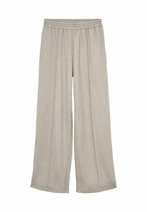 Light gray wide-leg pants with a textured fabric, featuring an elastic waistband and loose-fitting design.