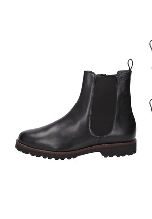 Bottines en cuir noir avec panneau latéral élastique, semelle en caoutchouc robuste et tirant à l'arrière. Texture lisse et design à bout rond.