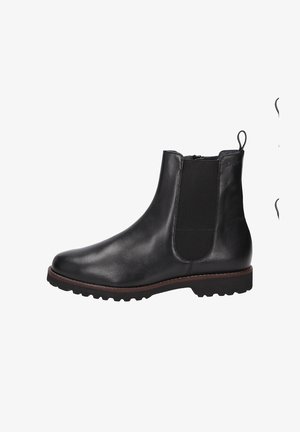 Schwarze Lederstiefeletten mit elastischem seitlichem Einsatz, robuster Gummisohle und Zuglasche an der Ferse. Glatte Textur und rundes Zehen-Design.