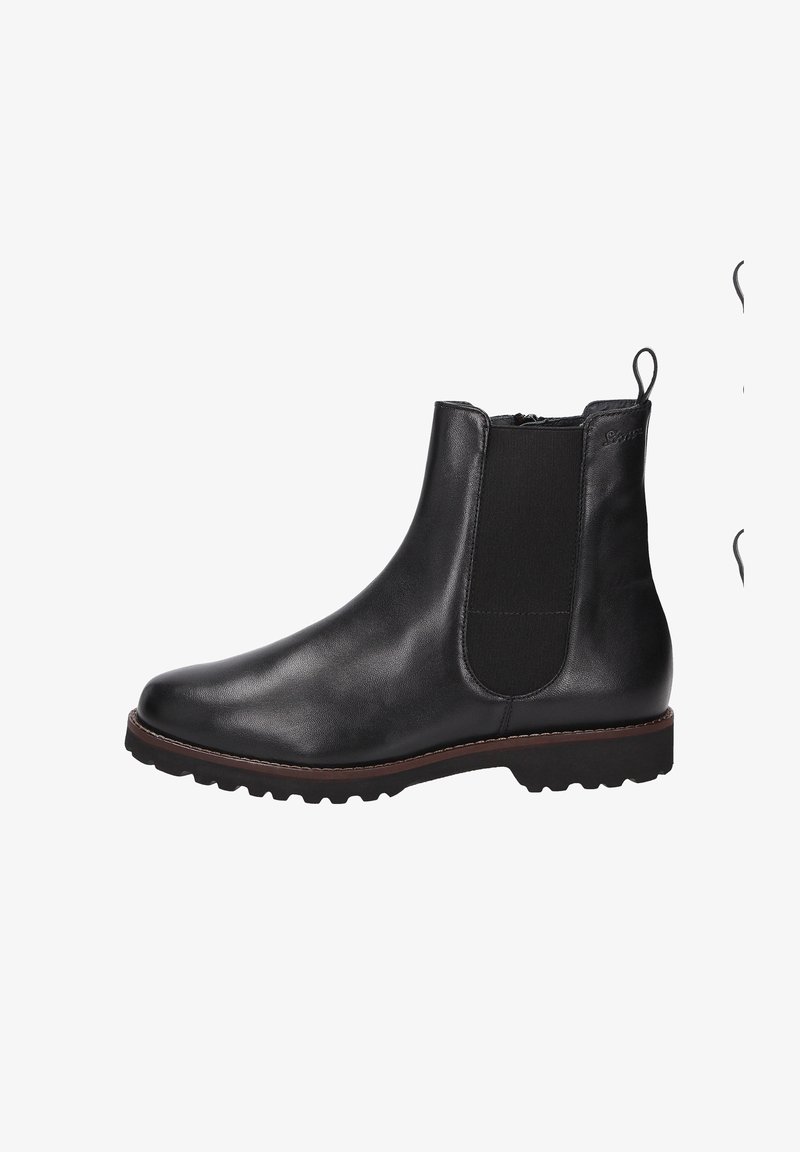Bottines en cuir noir avec panneau latéral élastique, semelle en caoutchouc robuste et tirant à l'arrière. Texture lisse et design à bout rond.