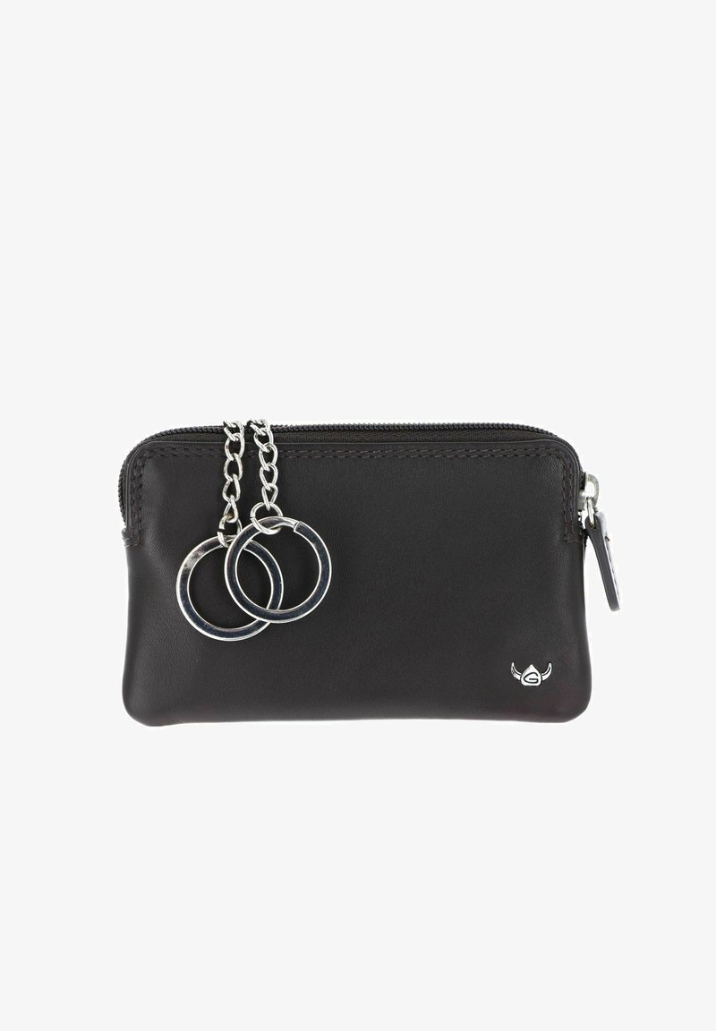 Porte-clés en cuir noir avec fermeture éclair et deux anneaux de clés argentés attachés à de courtes chaînes, avec un petit logo argenté dans l'angle.