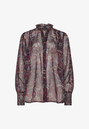 Blusa transparente con un estampado floral en rojo, azul y crema. Presenta un cuello con volantes, detalle de botones y puños fruncidos.