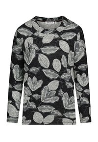 Langärmliges Oberteil aus schwarzem Stoff mit grauem botanischem Blattmuster. Rundhalsausschnitt, weiche Textur und lockere Passform.
