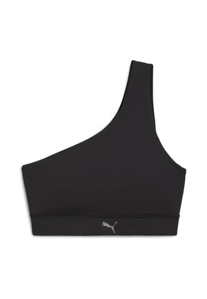 Crni sportski grudnjak na jedno rame napravljen od glatkog materijala s širokom elastičnom trakom. Ima mali sivi logotip na dnu.