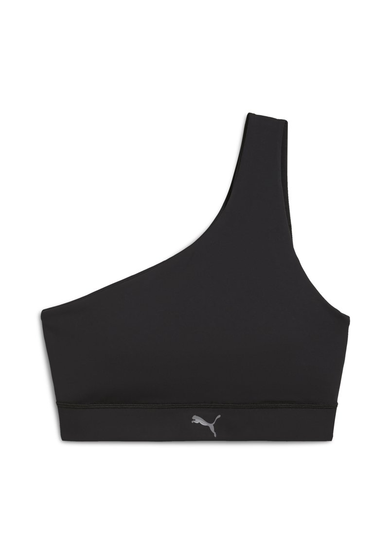 Čierny športový podprsenka na jedno rameno vyrobená z hladkej látky s širokým elastickým pásom. Na spodnej časti je umiestnené malé šedé logo.