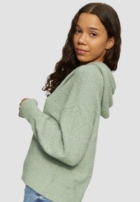 Mintgrüner, flauschiger Hoodie mit entspanntem Schnitt, langen Ärmeln und Kapuze. Der Stoff hat eine weiche Textur und einen leicht verkürzten Saum.