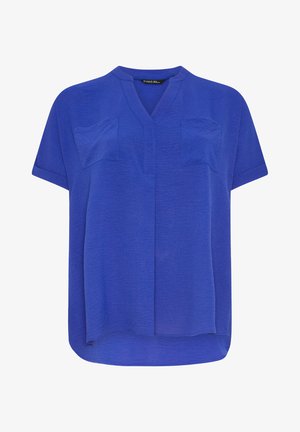 Blusa a maniche corte blu reale con scollatura a V, due tasche sul petto e orlo leggermente curvo.