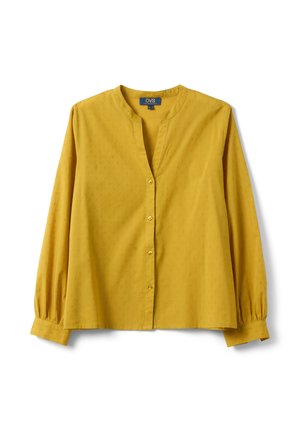 Senfgelbe Bluse mit langen Ärmeln und dezentem Punktmuster, rundem Ausschnitt, vorderer Knopfleiste und gerafften Manschetten.