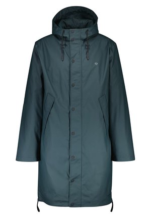 Imperméable long en vert sarcelle foncé avec capuche, boutons-pression à l'avant, poches latérales et cordons réglables à la capuche et à l'ourlet.