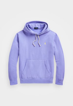 Lavendel hooded sweatshirt med hvide snore, front kangurulomme og lille gul Polo Ralph Lauren-logo på brystet.