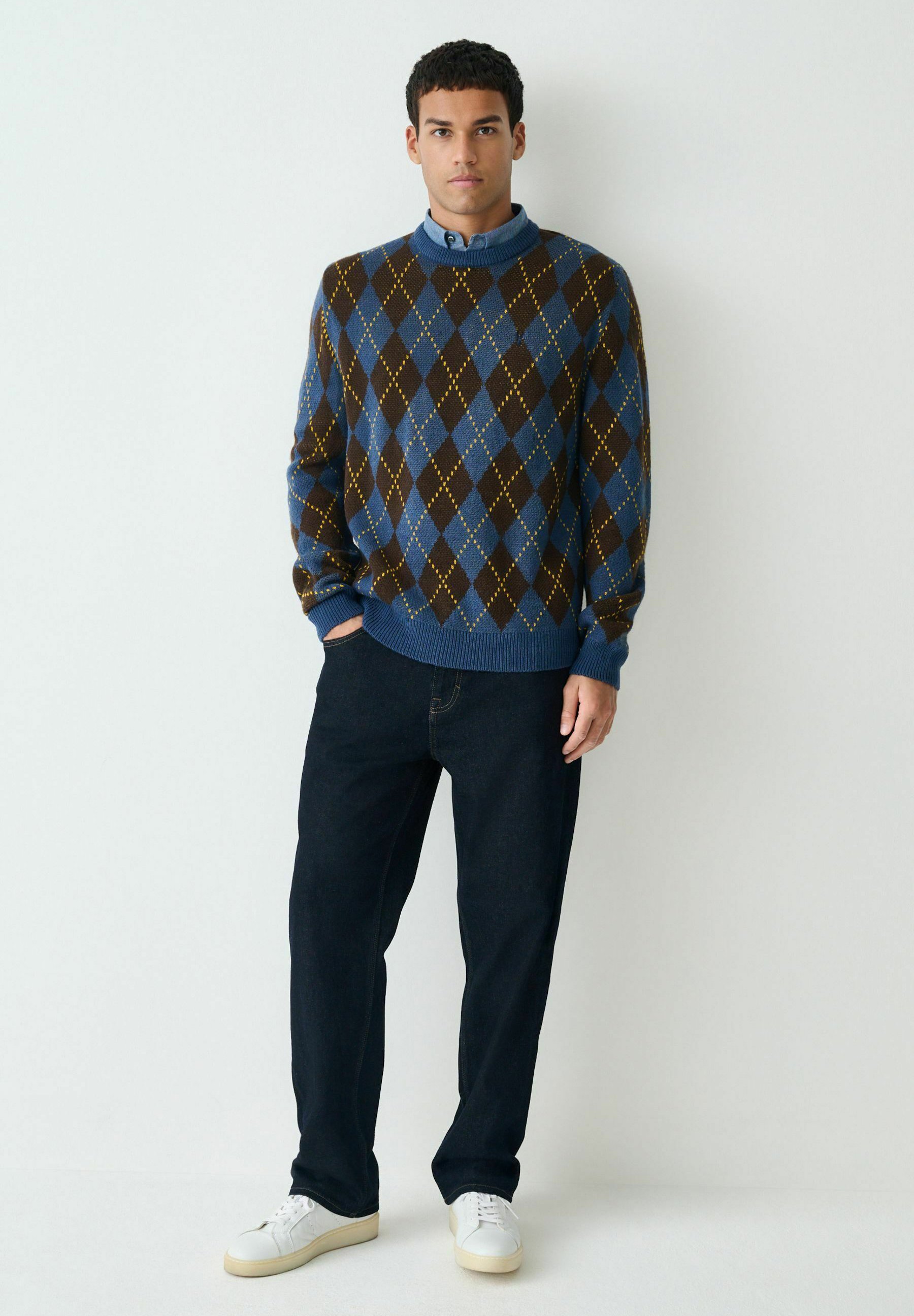 Next REGULAR FIT GINGHAM OXFORD MOCK - Strickpullover - blue/brown