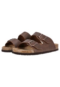 Sandales en cuir marron avec deux sangles réglables, semelle en liège et semelle en caoutchouc texturé. Design simple, style ouvert à l'avant et sans motifs notables.