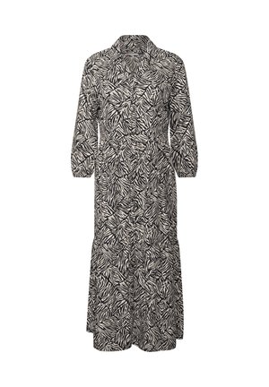 Šaty s dlouhým rukávem v černobéžovém abstraktním vzoru listů, s límečkem, volánkovou sukni a jemnou texturou látky.