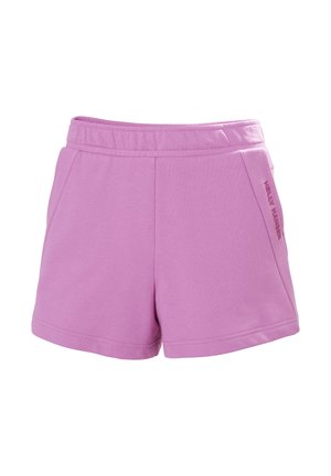 Paarse katoenen shorts met een elastische tailleband, twee zijzakken en een logo op de rechterkant gedrukt. Glad van textuur en een op maat gemaakt ontwerp.