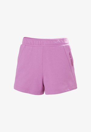 Paarse katoenen shorts met een elastische tailleband, twee zijzakken en een logo op de rechterkant gedrukt. Glad van textuur en een op maat gemaakt ontwerp.