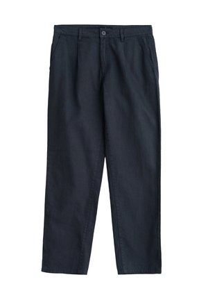 Dark navy trousers made of cotton blend fabric. Features a straight leg design, two front pockets, and a button closure at the waist.