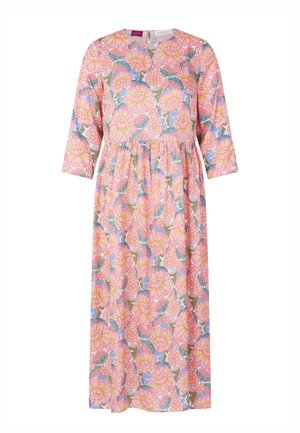 Midikleid mit langen Ärmeln in Rosa-, Orange- und Blautönen mit Blumenmuster, rundem Ausschnitt und geraffter Taillendetail.