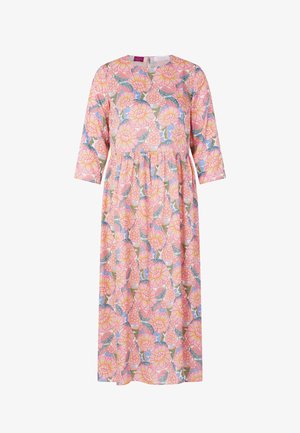 Midikleid mit langen Ärmeln in Rosa-, Orange- und Blautönen mit Blumenmuster, rundem Ausschnitt und geraffter Taillendetail.