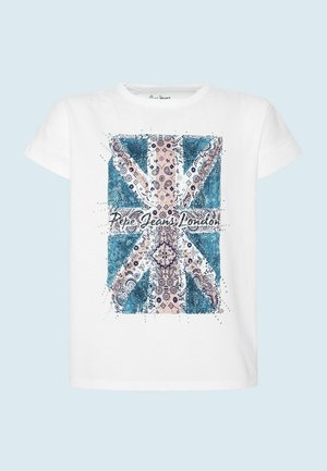 Biała bawełniana koszulka z nadrukiem Union Jack w niebiesko-różowy wzór paisley oraz czarnym napisem „Pepe Jeans London”. Krótkie rękawy.