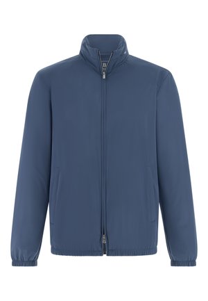 Blauwe jas met rits en hoge kraag, voorzien van zijzakken en elastische manchetten. Glad materiaal met een gestroomlijnd ontwerp zonder zichtbare patronen.