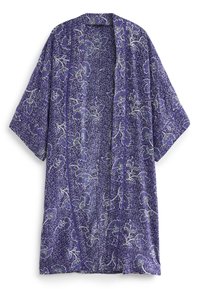 Lightweight purple kimono with floral patterns in white and green. Features wide sleeves and an open front design. Decorative stitching detail.