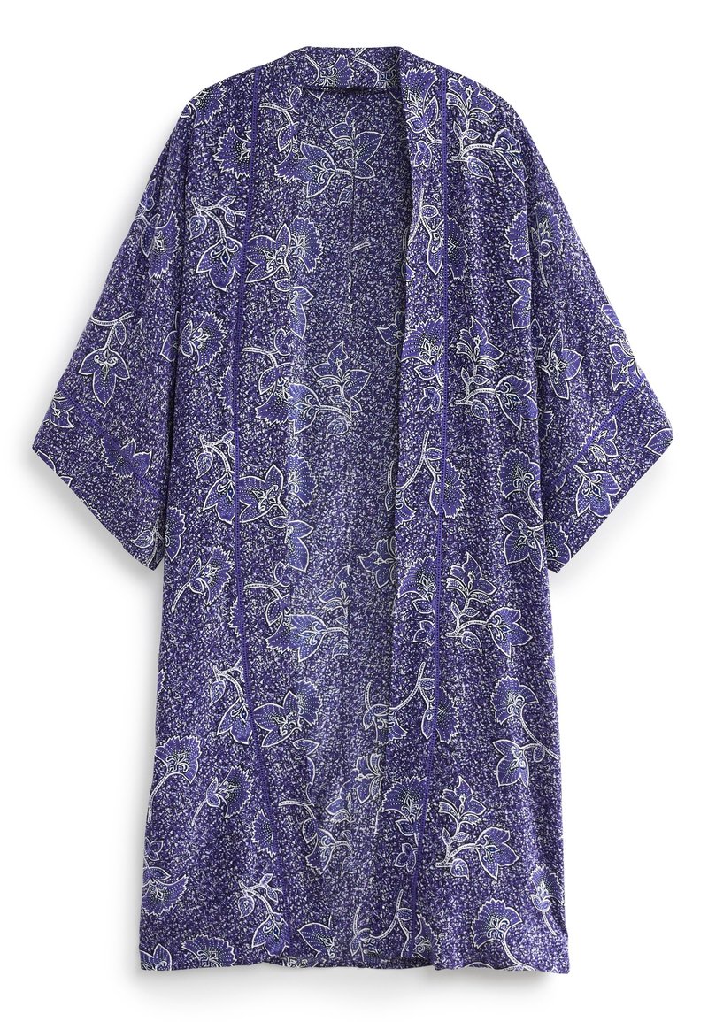 Lightweight purple kimono with floral patterns in white and green. Features wide sleeves and an open front design. Decorative stitching detail.