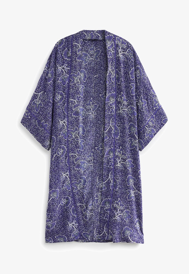Lightweight purple kimono with floral patterns in white and green. Features wide sleeves and an open front design. Decorative stitching detail.