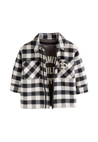 Schwarz-weiß karierte Jacke aus strukturiertem Stoff, mit kurzen Ärmeln, einem Kragen, zwei Brusttaschen und einem Panda-Aufnäher.