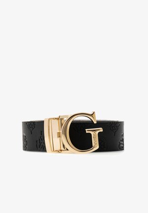 Black leather belt featuring embossed patterns, a gold-tone metal buckle shaped like a "G," and a polished finish.