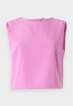 Roosa ilma varrukat tipp, ümmarguse kaelusega, sileda tekstuuriga ja nuppe sulgemiseks seljal. Disain on karbi kujuline ja vabalt istuv.