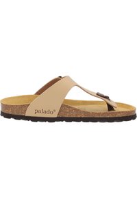 Chancla beige con plantilla de corcho, detalles en marrón y suela de goma. Presenta un diseño de tira para el dedo del pie y una correa con un detalle del logo.