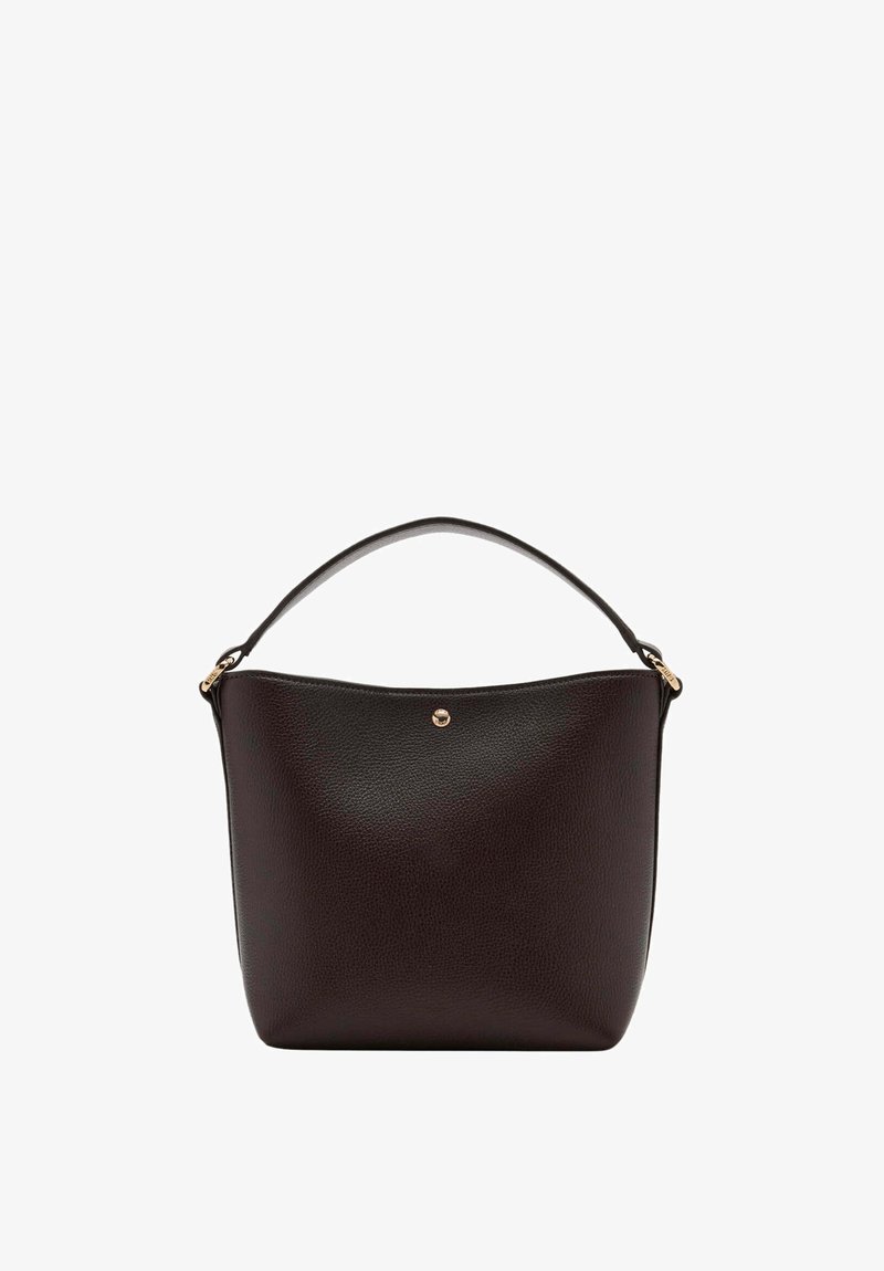 Sac seau en cuir noir avec un bord supérieur courbé, une poignée courte unique et un petit détail bouton doré au centre avant.